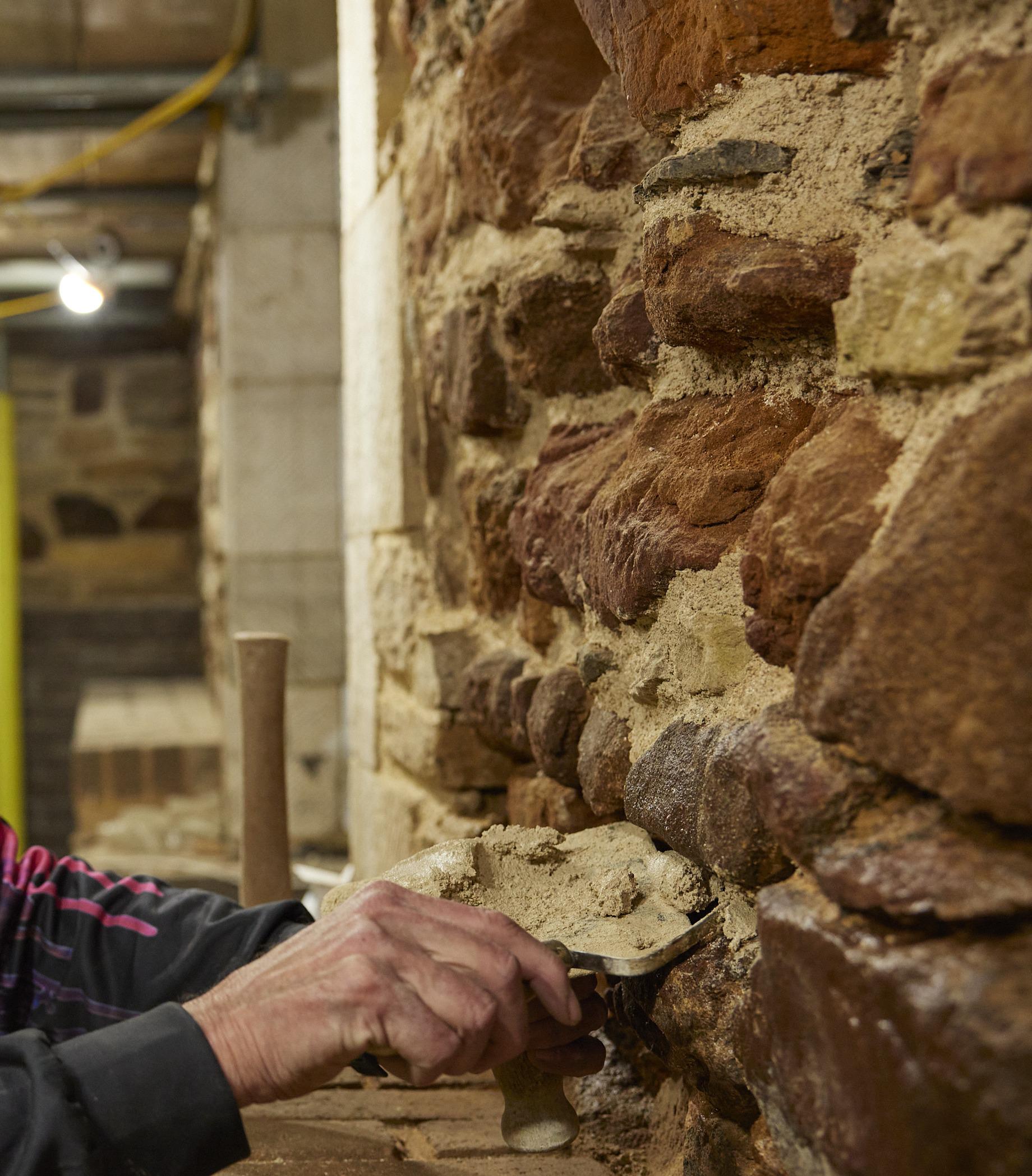 Lime mortar being placed