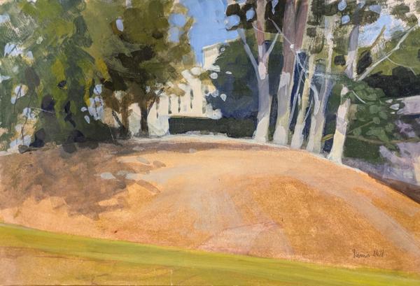Painting of Upton House viewed from the road, with trees and a hill in front of the building.